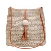 Amosfun Straw Woven Bucket Bag Straw Tassel Handbag Tote Shoulder Bag with Leather Strap for Women Girls (Brown)